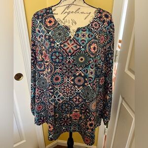 Women’s plus size geometric floral print multicolor top long sleeve size 4XL